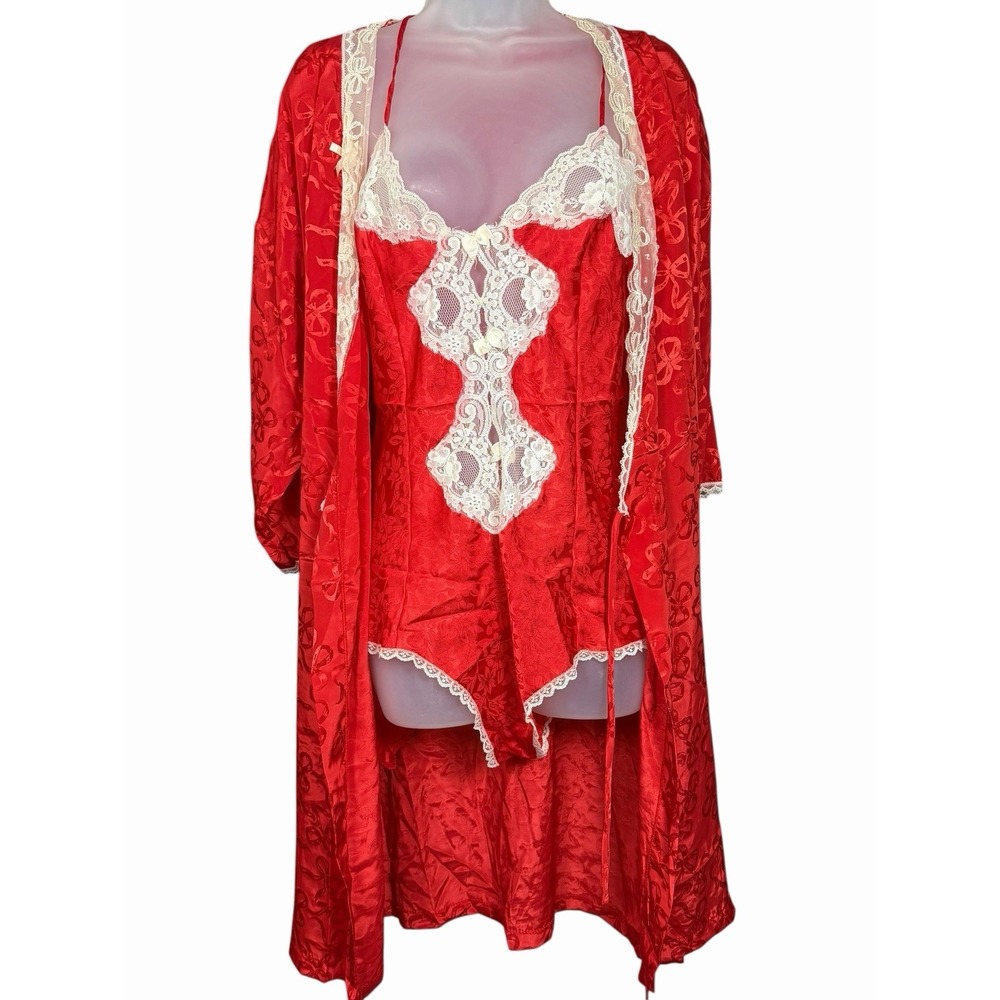 Vintage Coquette Red Satin Lace Teddy‎ & Robe Set Bows Floral Jacquard M/L